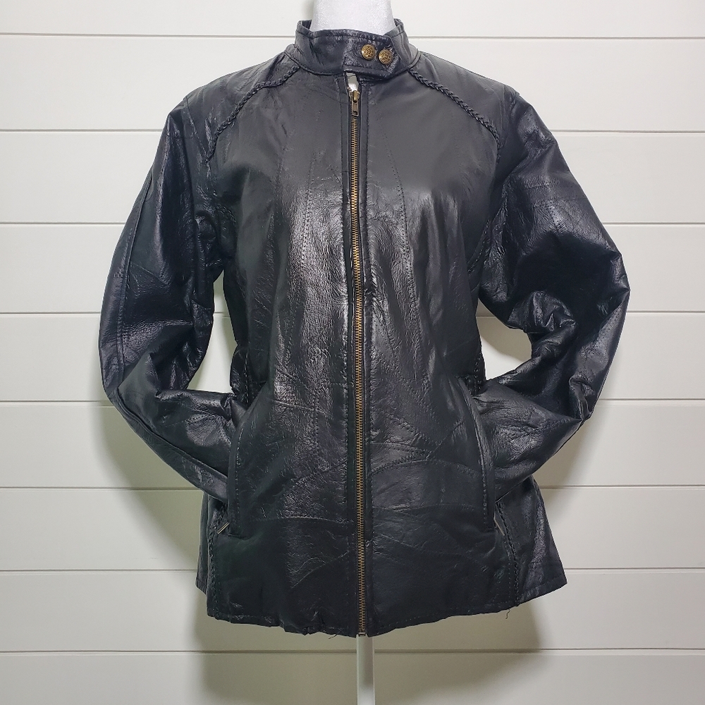Andrew Michael Vintage Women's Black 100% Leather Jacket Quilted‎ Pattern Size L